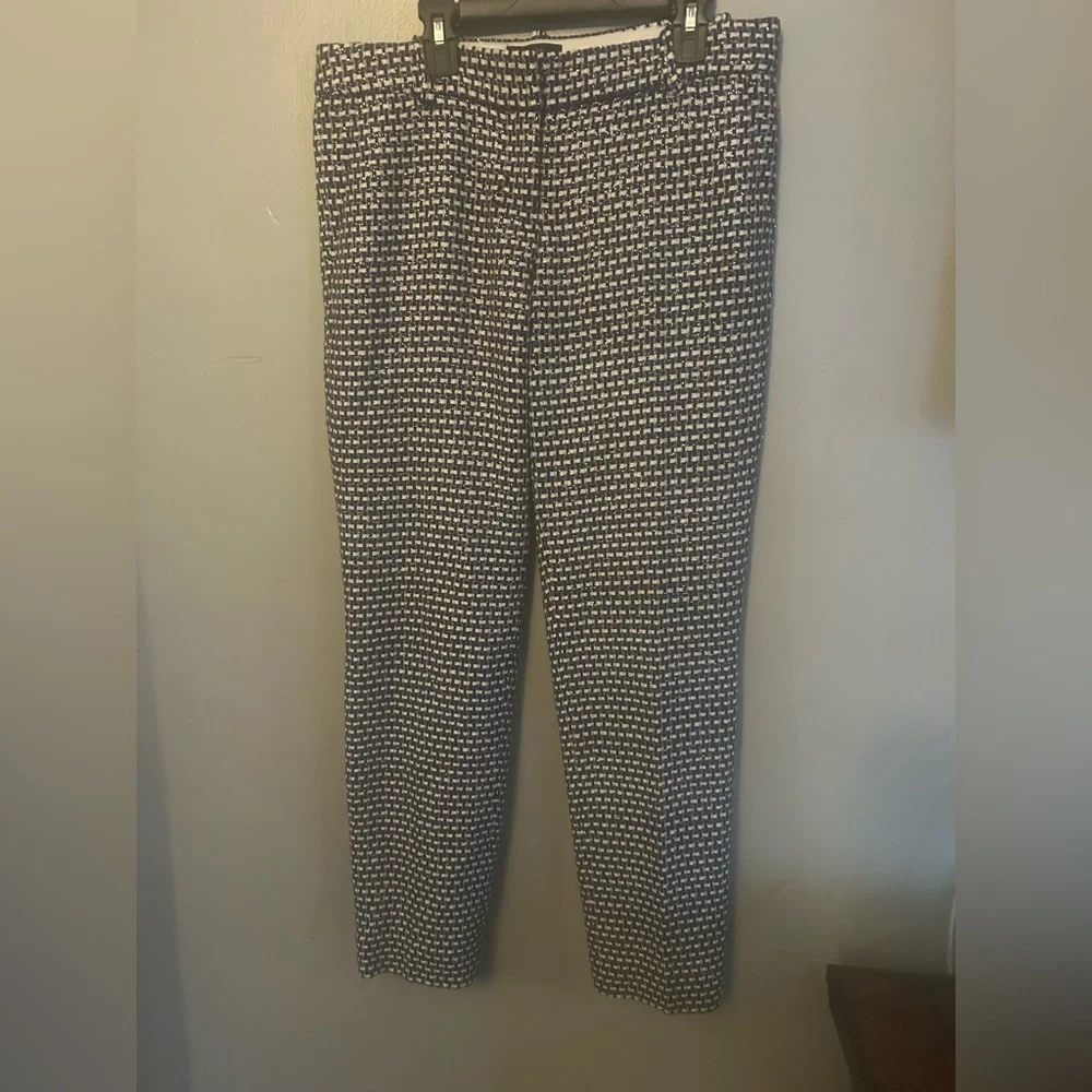 J. Crew pants - “Cafe Capri” silk/cotton blend black/white/royal blue tweed